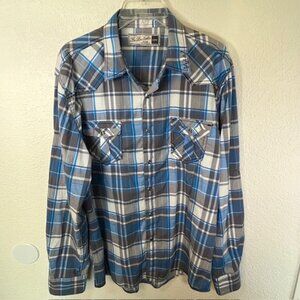 Fly by Night Blue, Black & White Plaid Western Shirt w/ Pearl Snaps- Size L